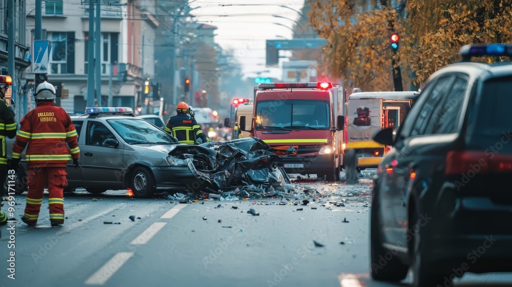 Obraz premium Car Crash Scene with Firefighters and Police