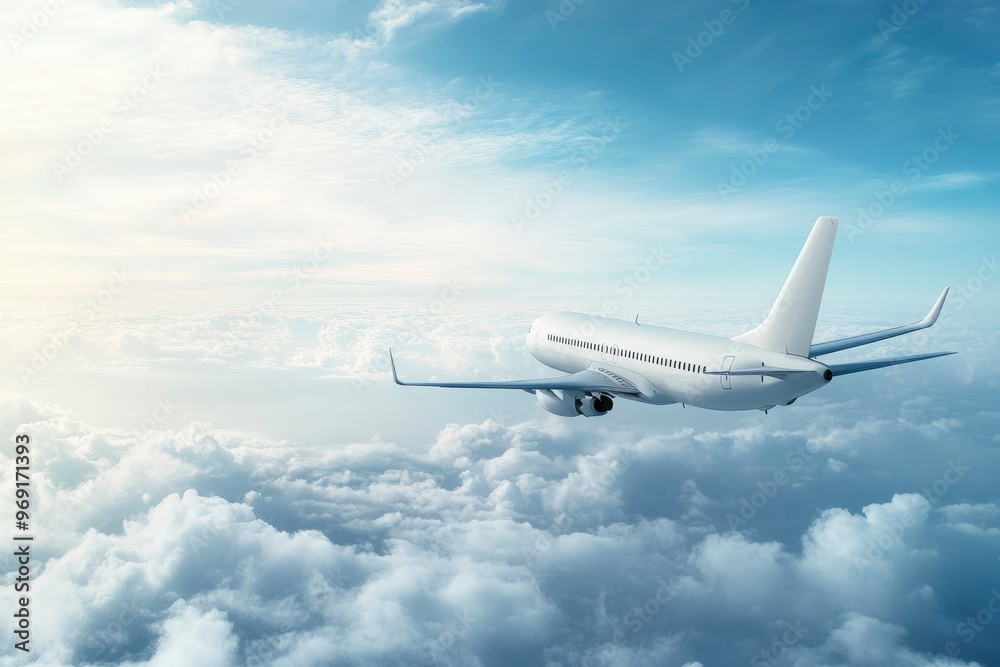 Airplane flying in the sky - travel background with flying airplane with blank livery with generative ai
