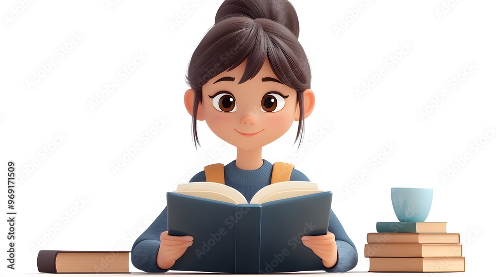 Girl studying online with a tablet, 3D animated style, transparent background, immersive digital learning experience on display. Girl studying online with a tablet, 3D animated style, transparent background, immersive digital learning experience on display.