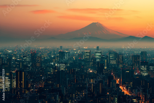 A breathtaking aerial view of Tokyo at dusk, showcasing the city's vibrant lights and skyscrapers against the backdrop of Mount Fuji