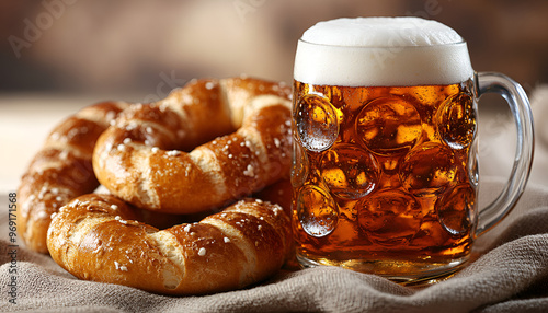 A chilled glass of beer next to a freshly baked pretzel, showcasing a delightful pairing for a casual gathering.