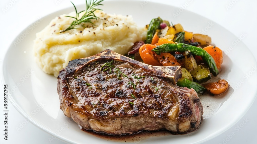 A sizzling steak with a side of garlic mashed potatoes and saut vegetables, elegantly arranged on a pristine white background. A sizzling steak with a side of garlic mashed potatoes and saut vegetables, elegantly arranged on a pristine white background.