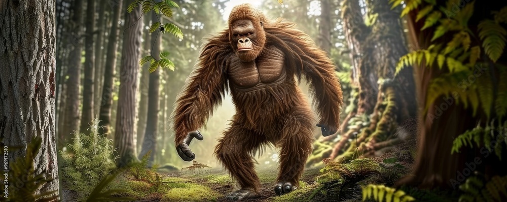Obraz premium The Mighty Gorilla in the Forest, 3D Render, Fantasy Creature, Forest, Jungle