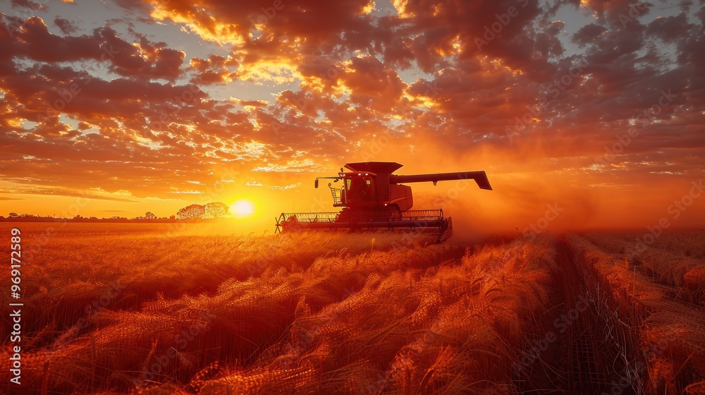 Fototapeta premium A dramatic sunset over a vast wheat field with a combine harvester in the foreground, capturing the beauty and intensity of agricultural work during harvest season