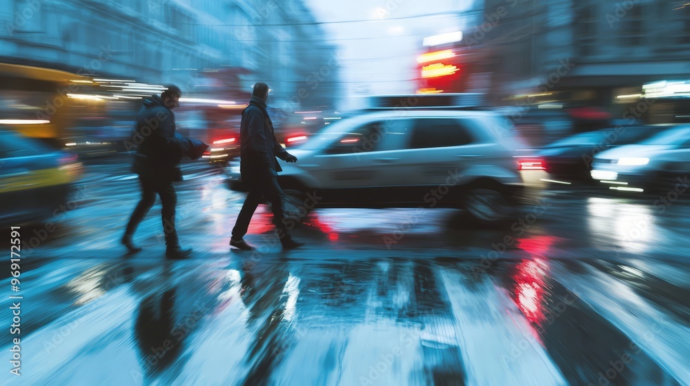 Cityscape with Motion Blur and People Crossing Street at Night Cityscape with Motion Blur and People Crossing Street at Night