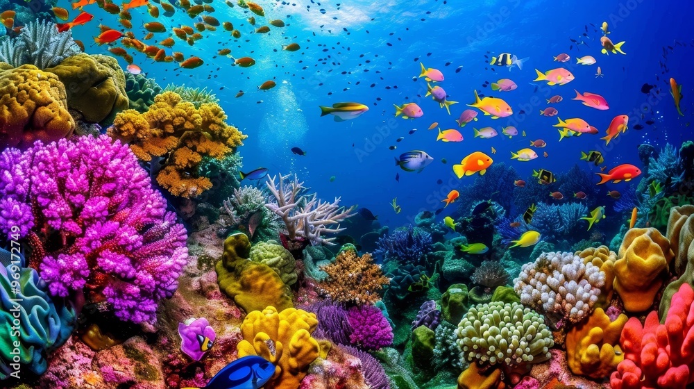 Obraz premium Vibrant Coral Reef with Colorful Fish, Wide Angle Perspective, Undersea Landscape, Ocean Life, Coral, Fish, Reef