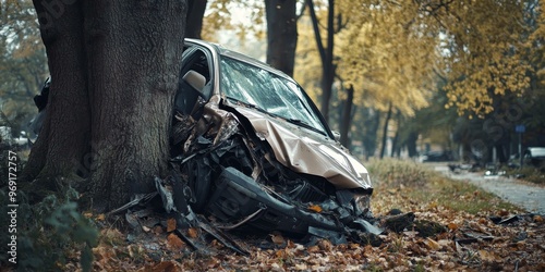 A totaled car crashed into a tree.