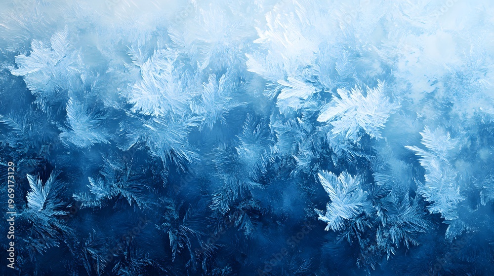 Fototapeta premium Close-up of intricate ice crystals forming frosty patterns on a cold blue surface, abstract winter texture with delicate details 