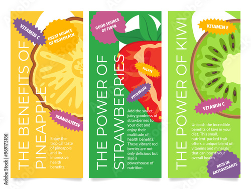 Flyers promoting the health benefits of pineapple, strawberry and kiwi with key nutrients and vitamins highlighted in a vibrant design.