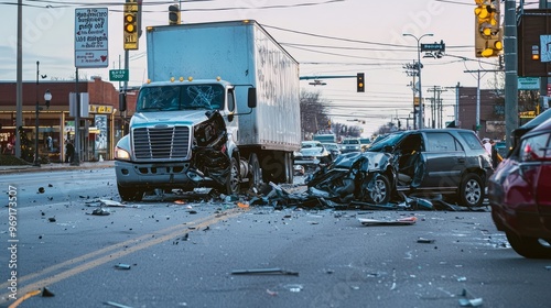 Truck and Car Crash on City Street photo