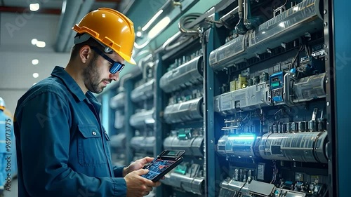 Technician Inspecting Electrical Equipment in a Data Center