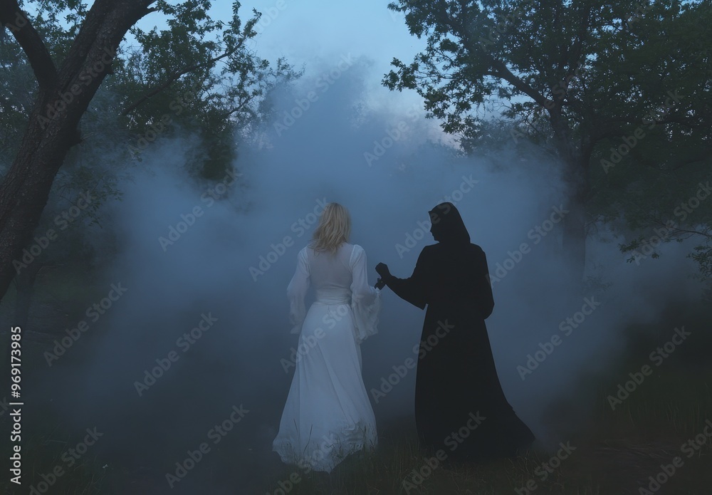 An artistic photograph of yin yang figures in the fog. A powerful witch conjure in the forest. Black and white smoke. A girl in the clouds. An artistic photograph of yin yang figures in the fog. A powerful witch conjure in the forest. Black and white smoke. A girl in the clouds.