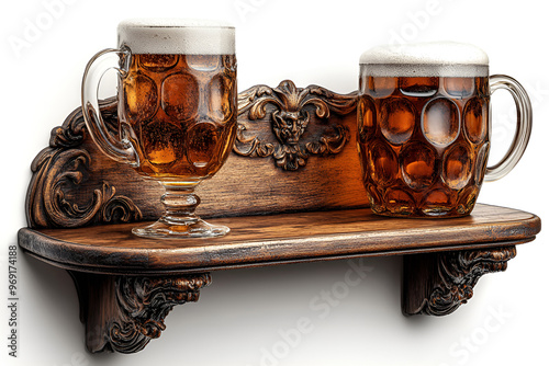  A pair of chilled beer mugs placed on a shelf, highlighting their refreshing appearance and inviting foam.