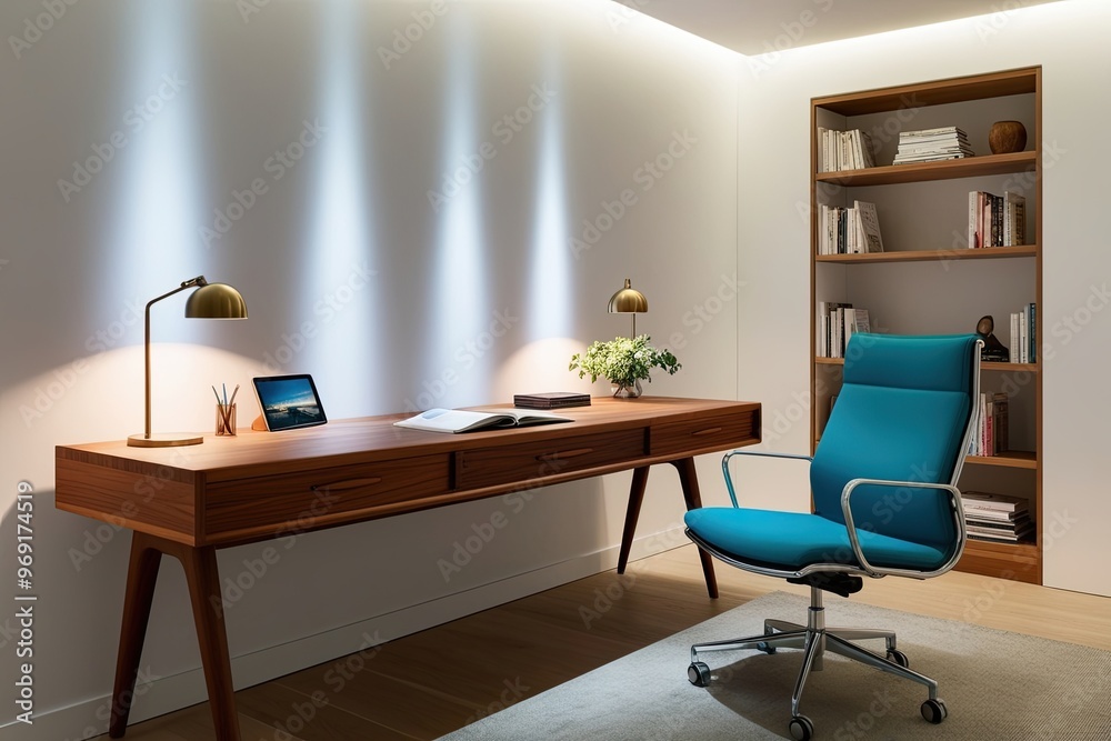 3D Rendering of Contemporary Study Space Featuring Teak Desk Swivel Chair and Ambient Lighting on White Background 3D Rendering of Contemporary Study Space Featuring Teak Desk Swivel Chair and Ambient Lighting on White Background