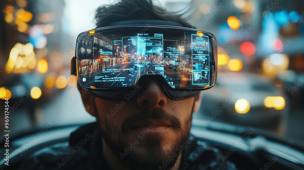 Futuristic smart glasses displaying augmented reality street directions in a busy city: A person navigating using AR overlays on smart glasses. Futuristic smart glasses displaying augmented reality street directions in a busy city: A person navigating using AR overlays on smart glasses.