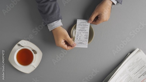 Male holding looking at bill at cafe or restaurant, checking the final payment sum before paying for service or product. photo