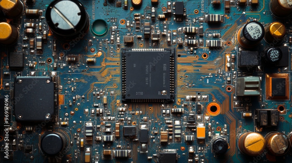 Fototapeta premium Intricate details of circuit board showcase electronic components and their connectivity features