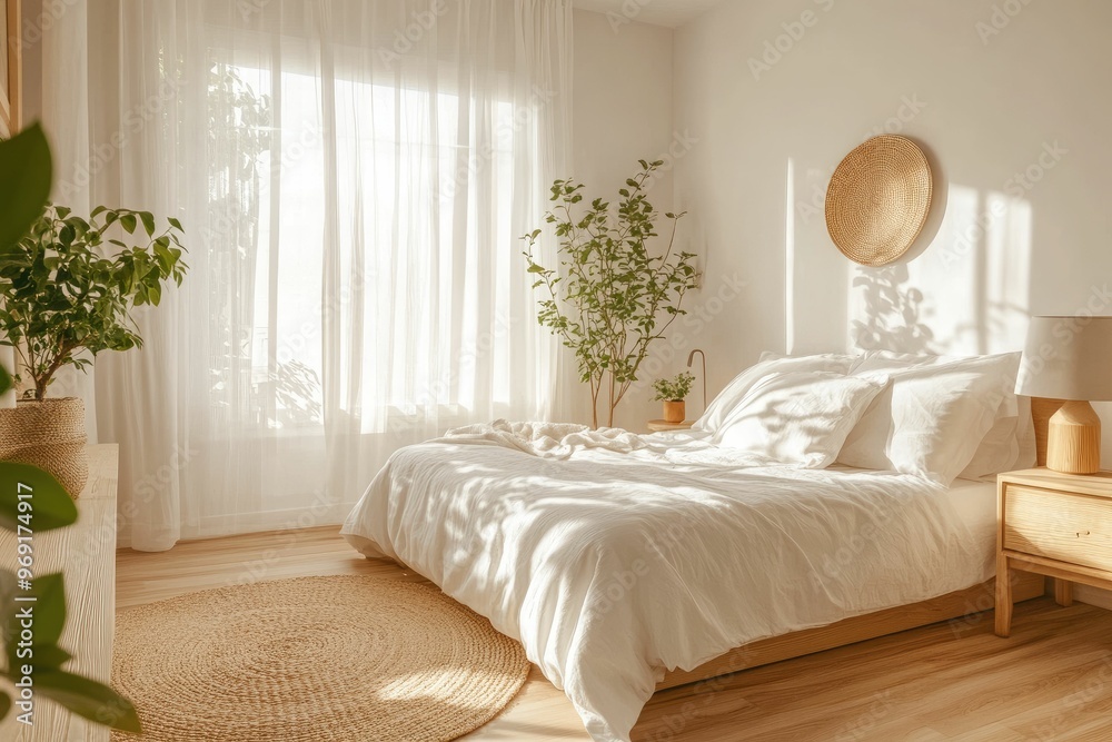 A serene, sunlit bedroom with plants and soft furnishings. A serene, sunlit bedroom with plants and soft furnishings.