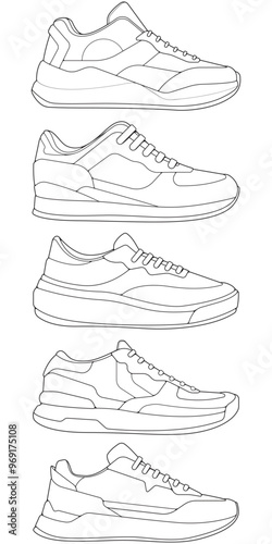 set of outline Cool Sneakers. Shoes sneaker outline drawing vector, Sneakers drawn in a sketch style, sneaker trainers template outline, Set Collection. vector Illustration.