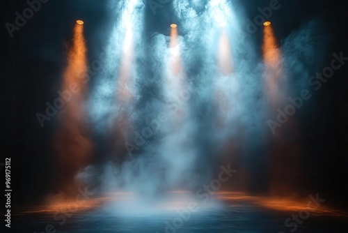 dramatic spotlights illuminate empty stage in pitchblack theater mysterious atmosphere with swirling mist and anticipation in the air photo