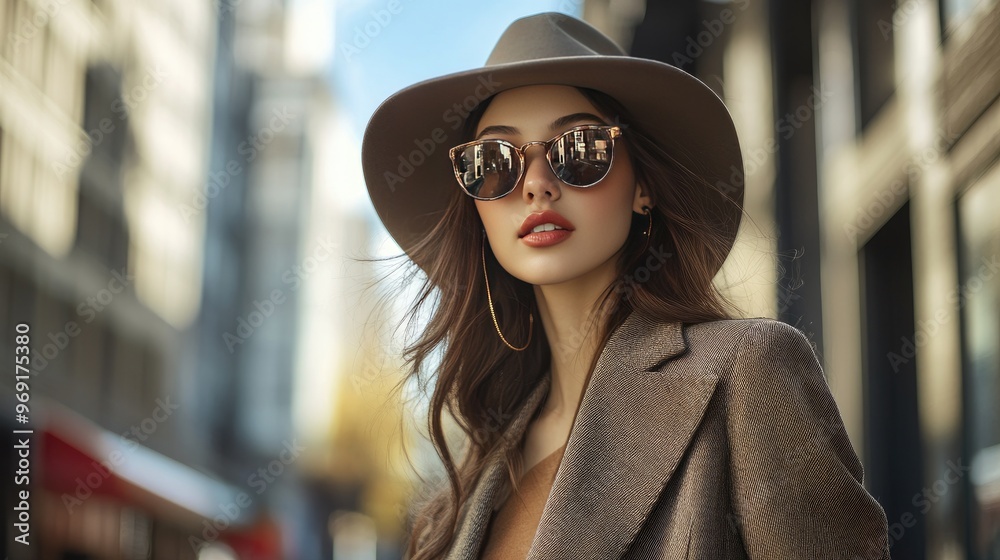 A stylish woman in a chic outfit walking down a city street, showcasing a modern fashion look with a focus on her trendy accessories A stylish woman in a chic outfit walking down a city street, showcasing a modern fashion look with a focus on her trendy accessories