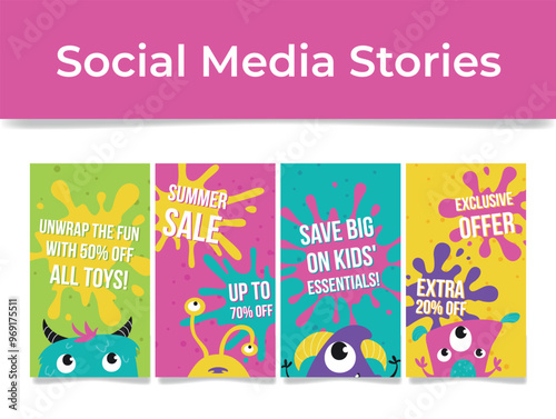 Colorful advertisements promoting a kid store s summer sale with discounts on toys and essentials for families during the seasonal shopping period