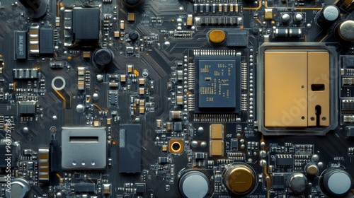 Intricate details of circuit board showcase electronic components and their connectivity features