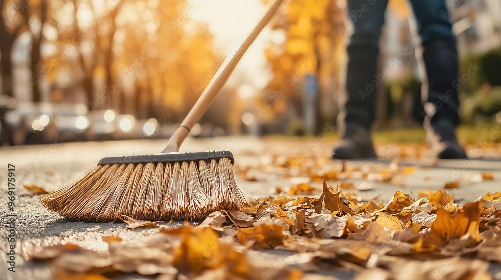 custom made wallpaper toronto digitalWooden Straw Broom Wiping Orange Autumn Leaves from Park Ground: Fall Season Clean-Up, October Yard Work, Street Worker Sweeping September Floor Garbage with Ample Copy Space. phot