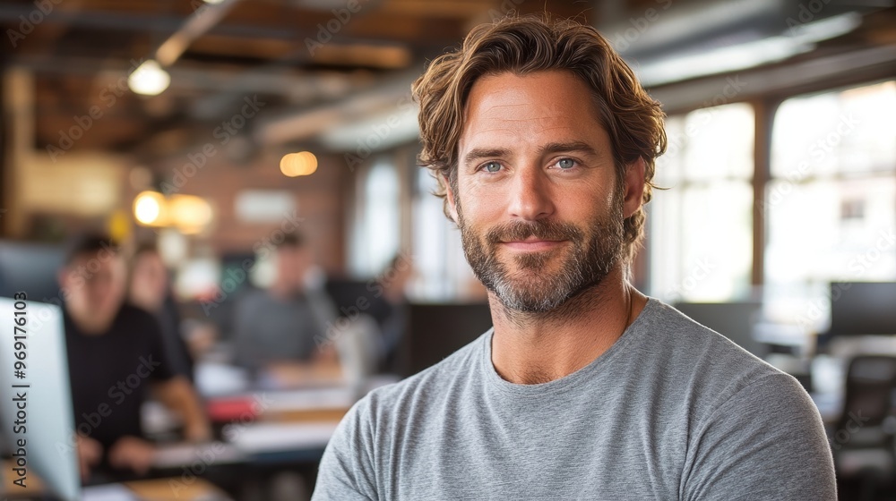 Smiling man with beard in a modern office environment with colleagues working in the background, displaying a professional and relaxed demeanor Smiling man with beard in a modern office environment with colleagues working in the background, displaying a professional and relaxed demeanor