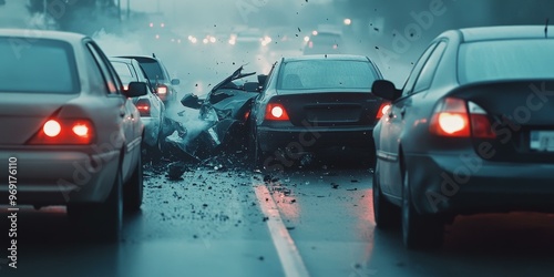 A car crash with smoke and debris on a wet