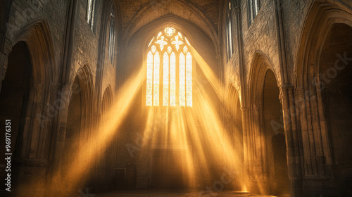 Dramatic Tyndall effect with sunlight piercing through the windows of an old cathedral, casting beams of light across the dusty interior, highlighting its ancient and mysterious atmosphere.