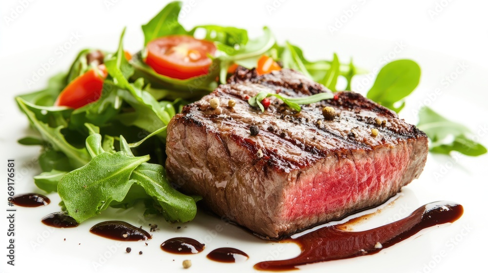 A tender, juicy steak with a side of fresh green salad and a drizzle of balsamic vinaigrette, presented against a stark white background. A tender, juicy steak with a side of fresh green salad and a drizzle of balsamic vinaigrette, presented against a stark white background.