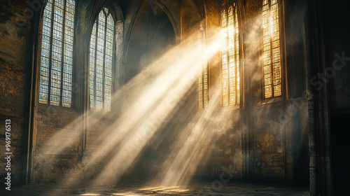 Dramatic Tyndall effect with sunlight piercing through the windows of an old cathedral, casting beams of light across the dusty interior, highlighting its ancient and mysterious atmosphere.