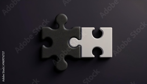 A close-up of two puzzle pieces, one black and one white, symbolizing unity and duality in problem-solving and collaboration.