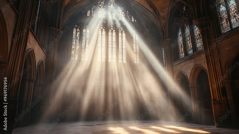 Φωτογραφία Dramatic Tyndall effect with sunlight piercing through the windows of an old cathedral, casting beams of light across the dusty interior, highlighting its ancient and mysterious atmosphere