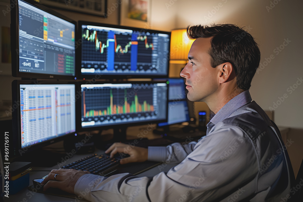 A financial analyst working on a computer with real-time stocks and exchange market charts. A financial analyst working on a computer with real-time stocks and exchange market charts.