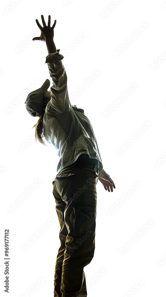 Fototapeta premium back to viewer of a woman in work clothes wanting to grab something from above with his hand, wearing a cap, white background