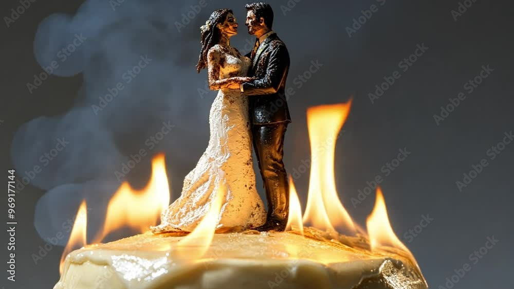 Wedding cake burning. Bride and groom figures on fire. Newlywed coupe ...