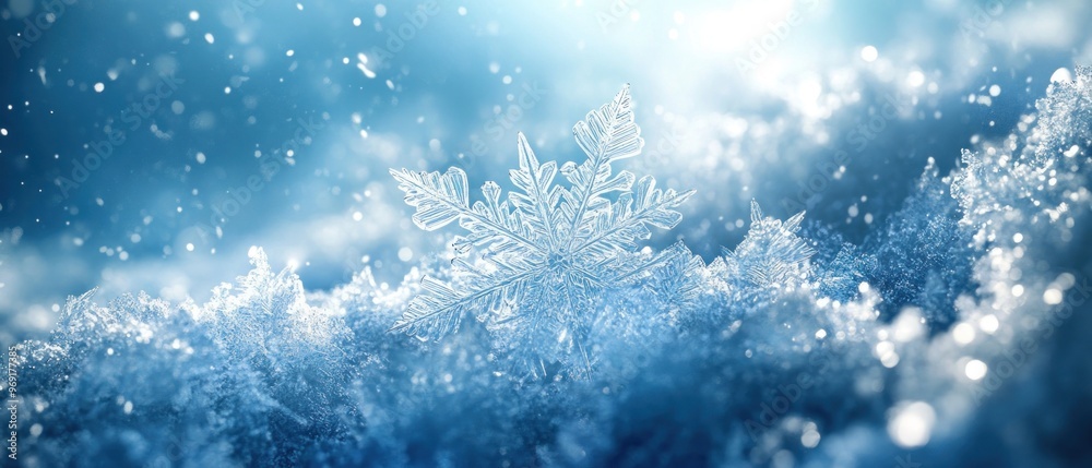 Close-up of a Single Delicate Snowflake in a Snowy Landscape Close-up of a Single Delicate Snowflake in a Snowy Landscape