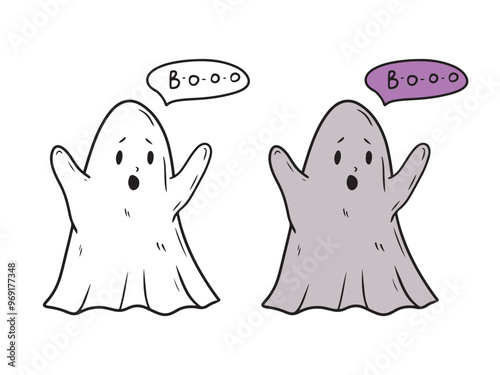 Grey ghost that scares people and shouts booo with hands rising up on white background. Hand drawn vector sketch illustration in doodle engraved vintage line art style. Happy halloween, coloring book