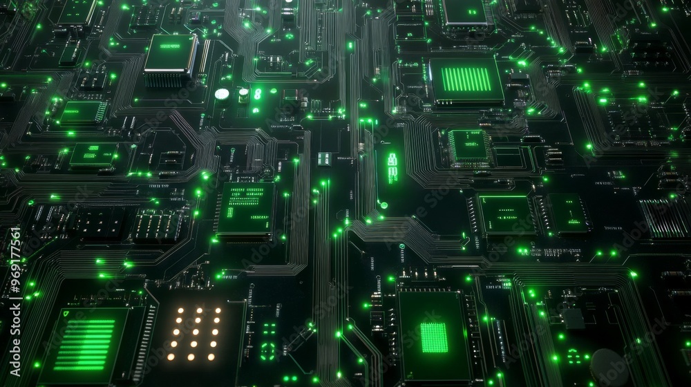 A hightech close up of a vibrant green circuit board, highlighting chips and intricate connections A hightech close up of a vibrant green circuit board, highlighting chips and intricate connections