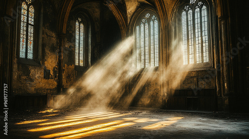 Dramatic Tyndall effect with sunlight piercing through the windows of an old cathedral, casting beams of light across the dusty interior, highlighting its ancient and mysterious atmosphere.