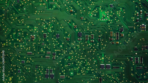 A hightech close up of a vibrant green circuit board, highlighting chips and intricate connections