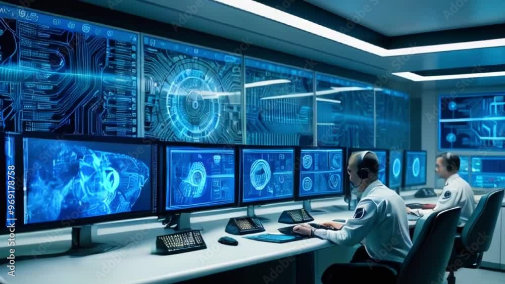 Two security personnel work at a computer station with numerous monitors displaying blue, abstract graphics. Two security personnel work at a computer station with numerous monitors displaying blue, abstract graphics.