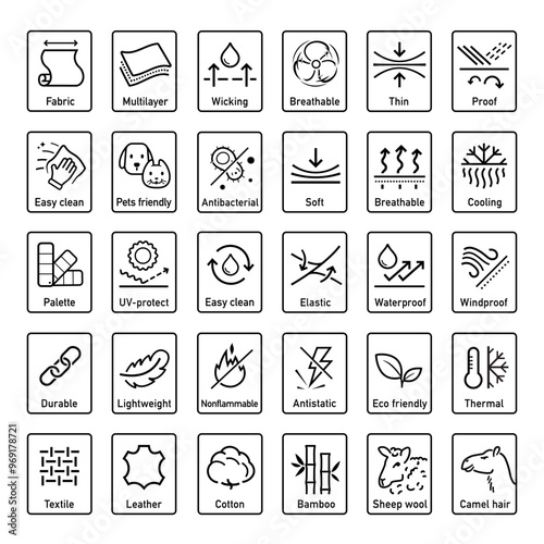 Set icons for functional fabric, clothing. The outline icons are well scalable and editable. Contrasting vector elements are good for different backgrounds. EPS10.