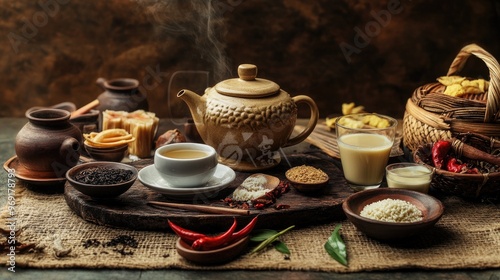 A traditional Thai tea setup with a teapot, tea glasses, and ingredients like tea leaves and condensed milk on a rustic table. photo