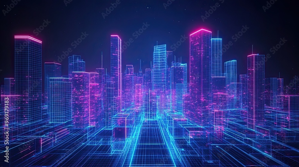 04 4. Neon wireframe cityscape with glowing skyscrapers and streets, set against a pitch-black night sky 04 4. Neon wireframe cityscape with glowing skyscrapers and streets, set against a pitch-black night sky