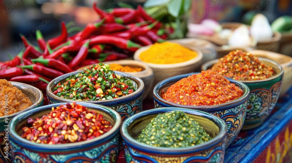 Fototapeta premium A vibrant display of various chili pastes in small bowls, with fresh chilies and spices in the background, capturing the essence of Thai cooking.