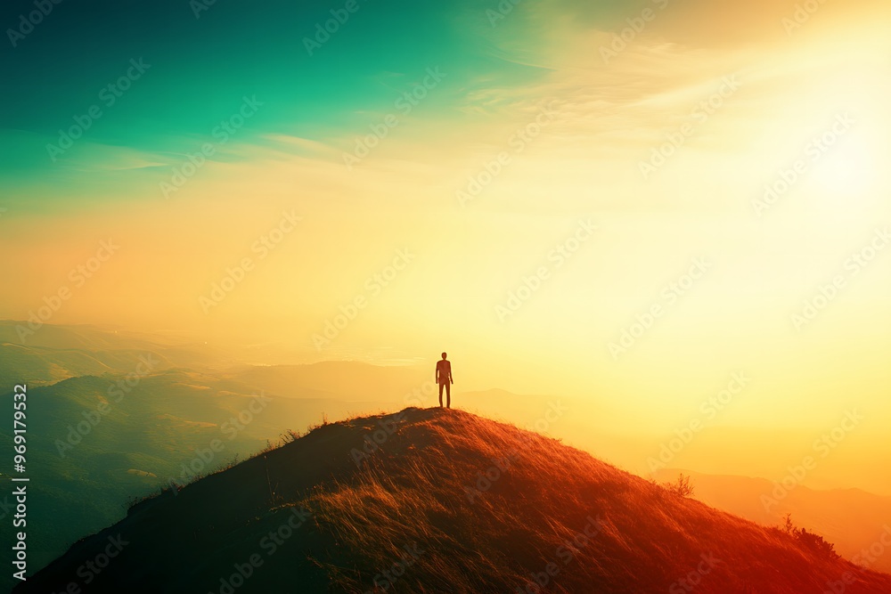 Person enjoying a deep breath of fresh air on a hilltop with a panoramic view of a clear horizon Person enjoying a deep breath of fresh air on a hilltop with a panoramic view of a clear horizon