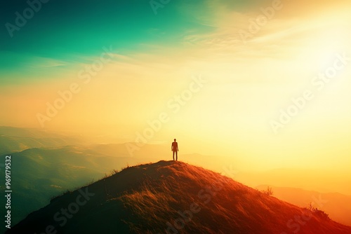 Person enjoying a deep breath of fresh air on a hilltop with a panoramic view of a clear horizon